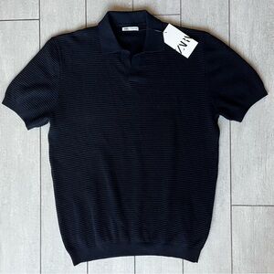 Zara Men's V-Neck Knit Polo Shirt XL Waffle Woven Textured 100% Cotton Navy Blue
